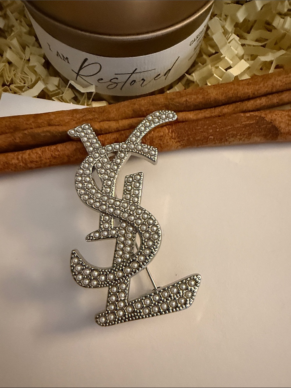 Rhinestone Monogram Brooch - Silver Pearled Logo Style